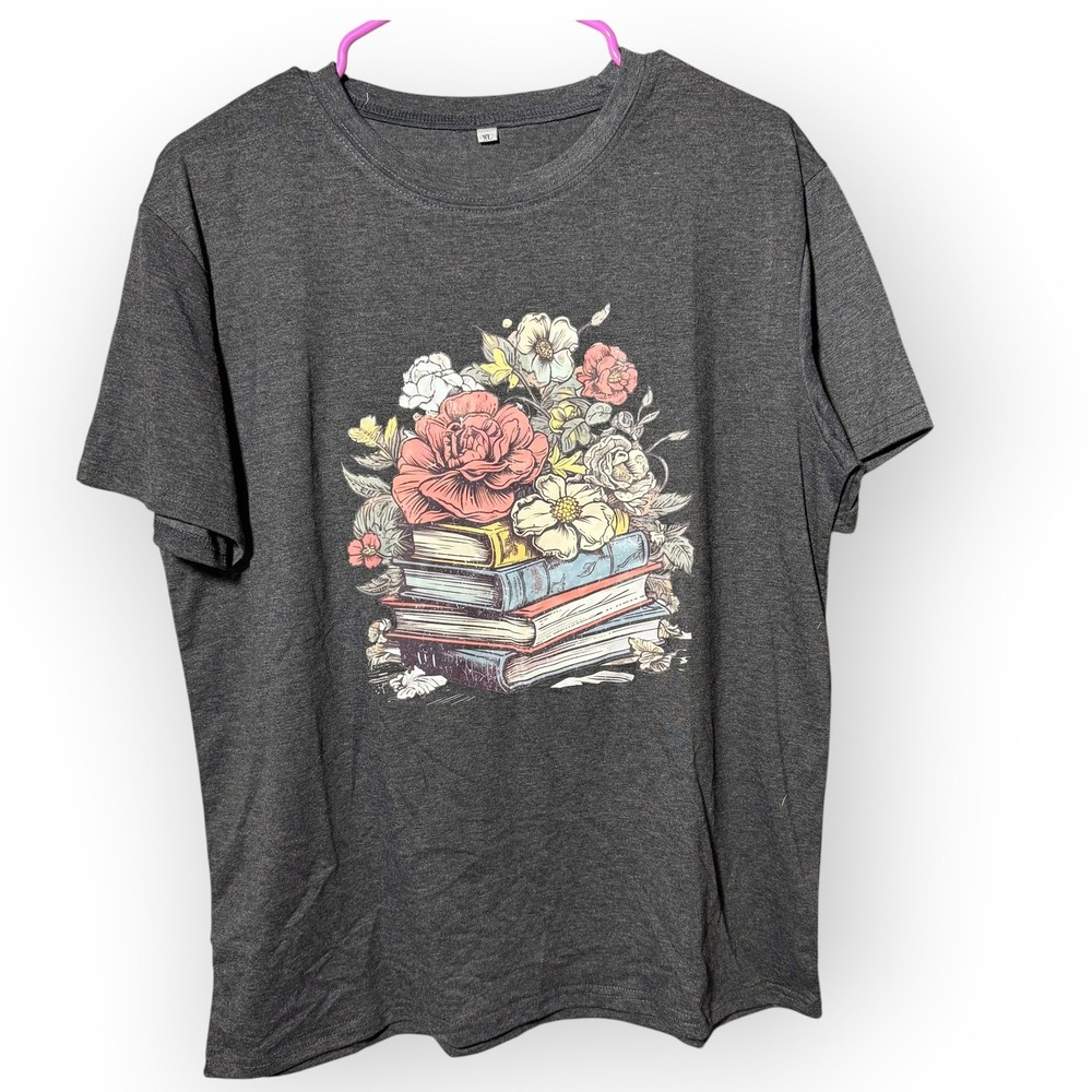 Womens XL Charcoal Gray Floral Book Graphic T-Shirt Short Sleeve Crew Neck Tee